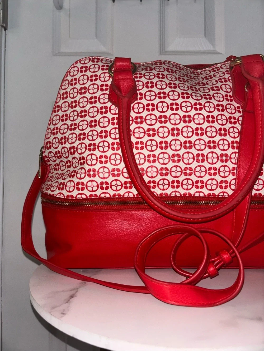 IMAN Red and White Patterned Shoulder Satchel